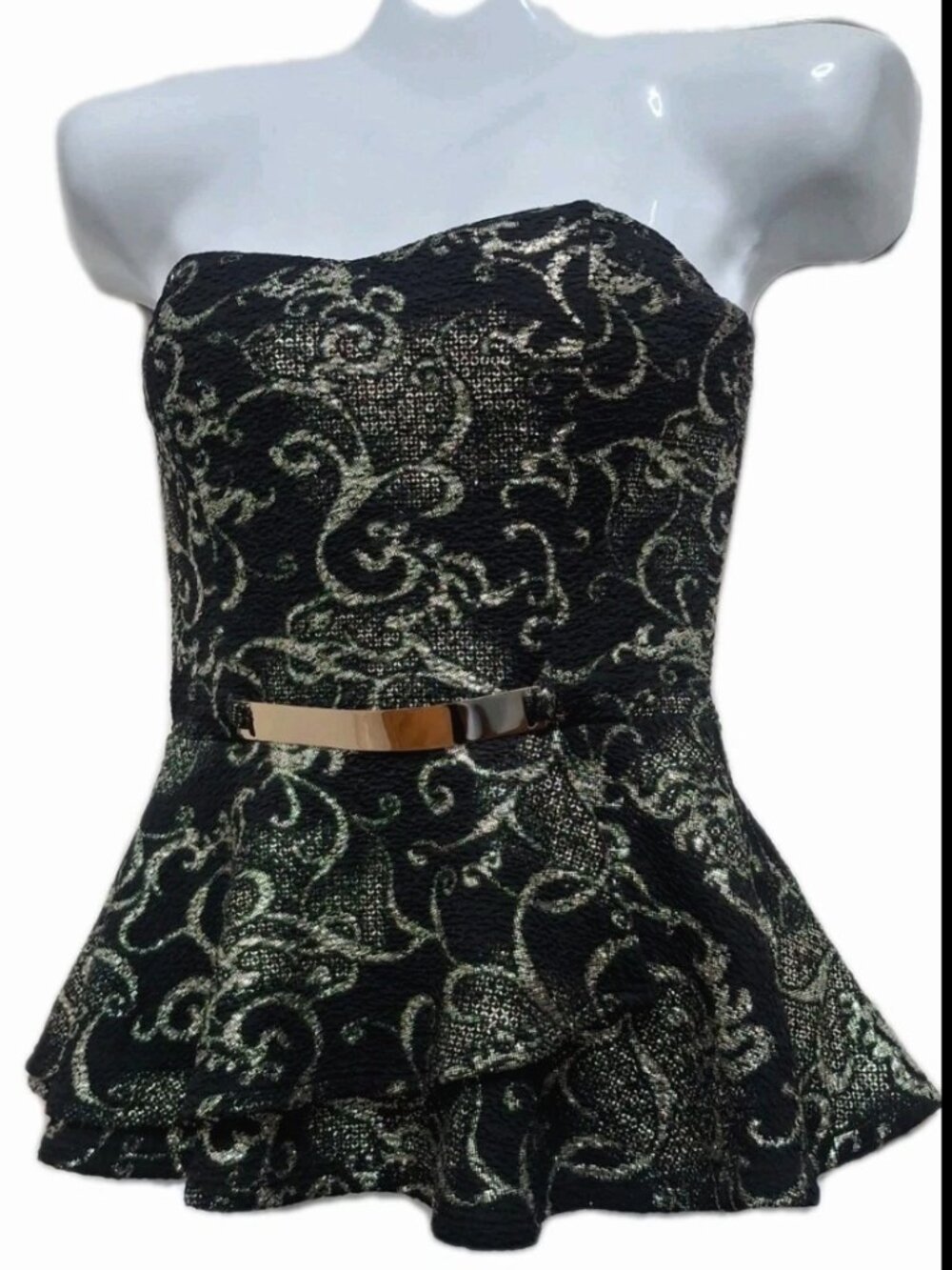 Style Rack Black Gold Strapless Peplum Top Women Small Metallic Party Club Tube
